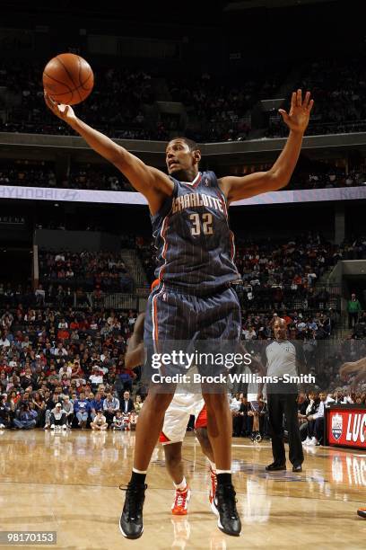 Boris Diaw of the Charlotte Bobcats rebounds during the game against the Golden State Warriors at Time Warner Cable Arena on March 6, 2010 in...