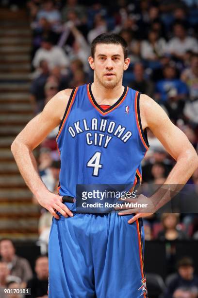 Nick Collison of the Oklahoma City Thunder looks on during the game against the Sacramento Kings at Arco Arena on March 7, 2010 in Sacramento,...