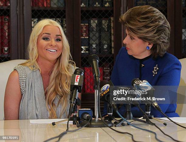 Recording artist January Gessert speaks as attorney Gloria Allred listens during a press conference at Allred's law offices on March 31, 2010 in Los...