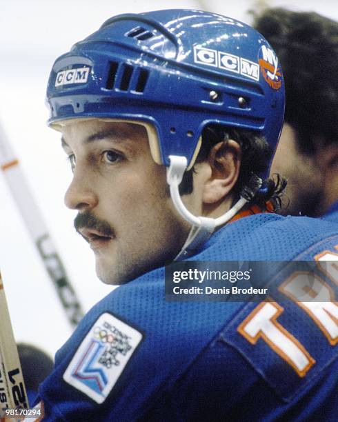 Bryan Trottier of the New York Islanders skates against the Montreal Canadiens in the 1980's at the Montreal Forum in Montreal, Quebec, Canada.