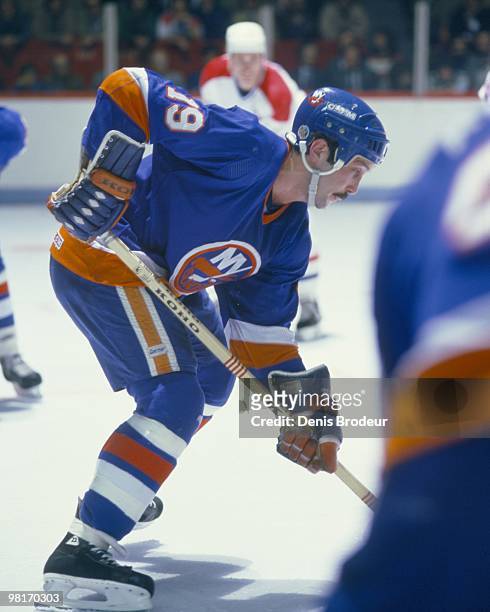 Bryan Trottier of the New York Islanders skates against the Montreal Canadiens in the 1980's at the Montreal Forum in Montreal, Quebec, Canada.