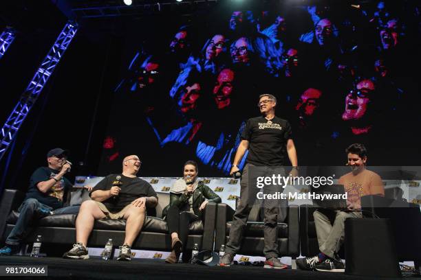 Chris Perkins, Chris Lindsay, Kate Welch, Matthew Lillard and Greg Tito speak on stage during ACE Comic Con on June 22, 2018 at WaMu Theatre in...