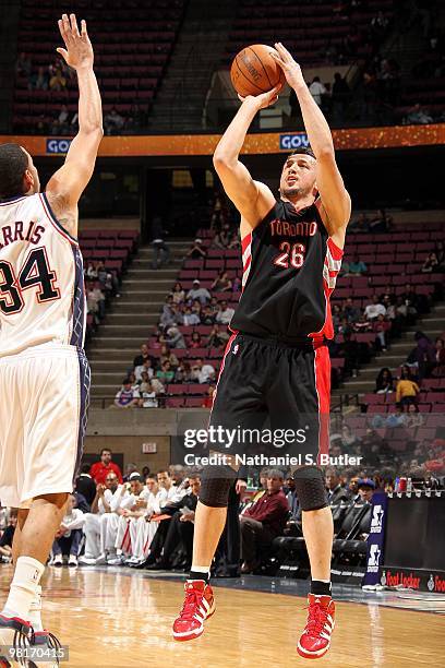 Hedo Turkoglu of the Toronto Raptors shoots against the New Jersey Nets during the game on March 20, 2010 at the Izod Center in East Rutherford, New...
