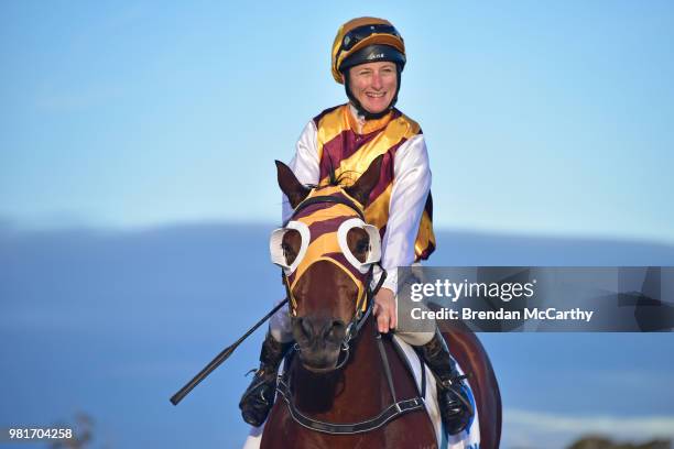 Zedda ridden by Linda Meech returns to the mounting yard after winning the Michaels of Donald BM64 Handicap at Donald Racecourse on June 23, 2018 in...