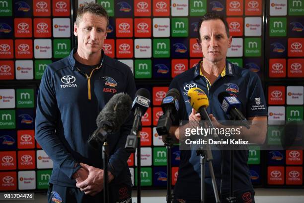 Adelaide Crows football manager Brett Burton and Adelaide Crows Senior Coach Don Pyke speak to the media during a press conference at AAMI Stadium on...