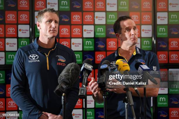 Adelaide Crows football manager Brett Burton and Adelaide Crows Senior Coach Don Pyke speak to the media during a press conference at AAMI Stadium on...