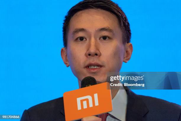 Chew Shou Zi, senior vice president and chief financial officer of Xiaomi Corp., speaks during a news conference in Hong Kong, China, on Saturday,...