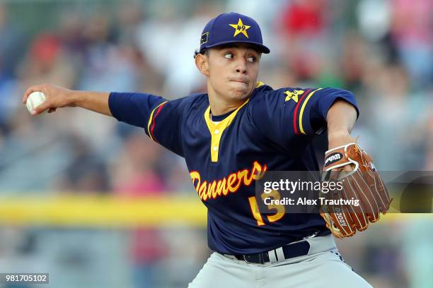 Alan Vasquez of the Alaska Goldpanners pitches during the 113th Midnight Sun Game against the Orange County Surf at Growden Park on Thursday, June...