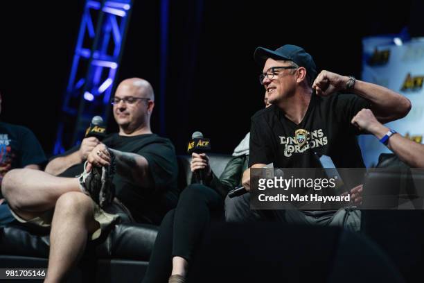 Chris Lindsay and Matthew Lillard speak on stage during ACE Comic Con on June 22, 2018 at WaMu Theatre in Seattle, Washington.