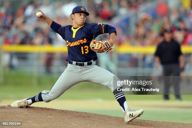 Alan Vasquez of the Alaska Goldpanners pitches during the 113th Midnight Sun Game against the Orange County Surf at Growden Park on Thursday, June...