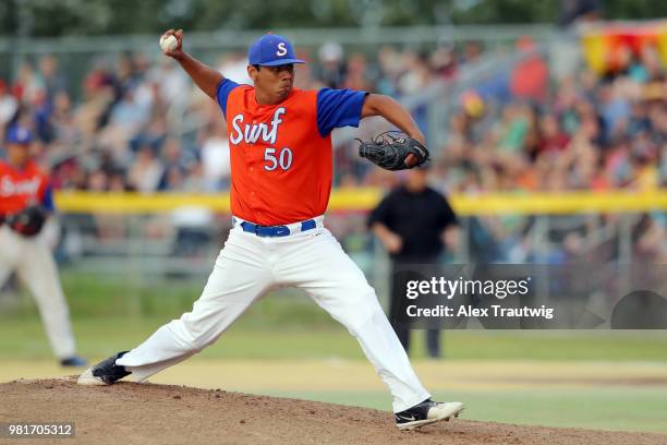 Dylan Diaz of the Orange County Surf pitches during the 113th Midnight Sun Game against the Alaska Goldpanners at Growden Park on Thursday, June 21,...
