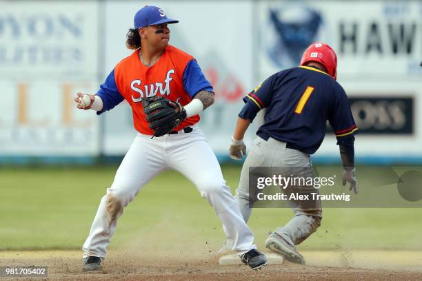 Thomas Acuna of the Orange County Surf prepares to throw as Patrick Chung of the Alaska Goldpanners is out during the 113th Midnight Sun Game at...
