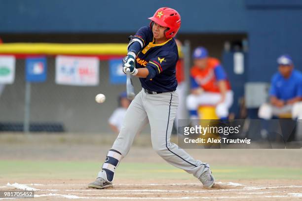 Patrick Chung of the Alaska Goldpanners bats during the 113th Midnight Sun Game against the Orange County Surf at Growden Park on Thursday, June 21,...