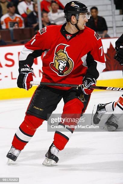 Nick Foligno of the Ottawa Senators skates against the Philadelphia Flyers during their NHL game at Scotiabank Place on March 23, 2010 in Ottawa,...