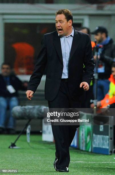 Leonid Slutsky the head coach of CSKA shouts instructions to his players during the UEFA Champions League Quarter Finals, First Leg match between FC...