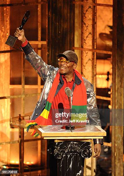 Inductee Jimmy Cliff speaks onstage at the 25th Annual Rock and Roll Hall of Fame Induction Ceremony at the Waldorf=Astoria on March 15, 2010 in New...