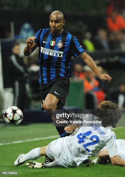 Douglas Santos Maicon of FC Internazionale Milano is challenged by Shennikov Georgy of CSKA Moscow during the UEFA Champions League Quarter Finals,...