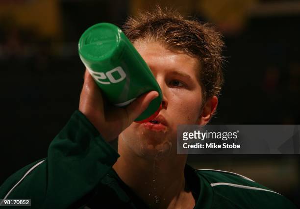 Josh Bailey of the New York Islanders warms up in the St. Patrick's Day jersey prior to the game against the Toronto Maple Leafs on March 14, 2010 at...
