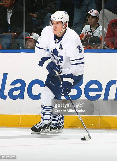 Dion Phaneuf of the Toronto Maple Leafs skates against the New York Islanders on March 14, 2010 at Nassau Coliseum in Uniondale, New York. Islanders...