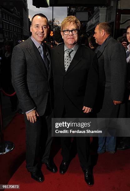 Elton John and David Furnish attend Billy Elliot The Musical: Fifth Birthday on March 31, 2010 in London, England.