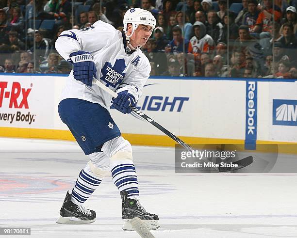 Tomas Kaberle of the Toronto Maple Leafs skates against the New York Islanders on March 14, 2010 at Nassau Coliseum in Uniondale, New York. Islanders...