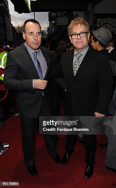 Elton John and David Furnish attend Billy Elliot The Musical: Fifth Birthday on March 31, 2010 in London, England.
