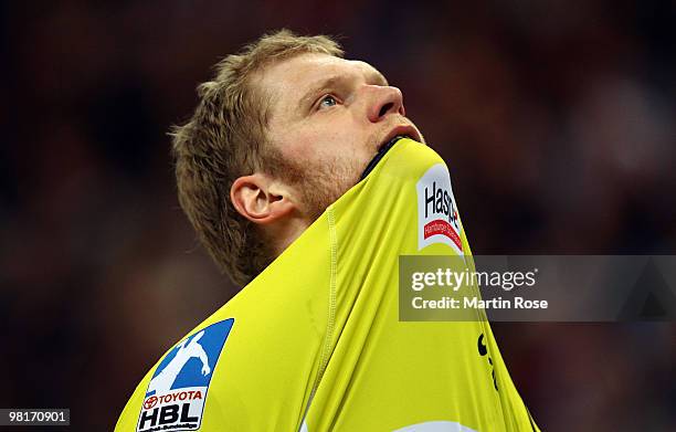 Goalkeeper Johannes Bitter of Hamburg reacts during the Bundesliga match between HSV Hamburg and FA Goeppingen at the Color Line Arena on March 31,...