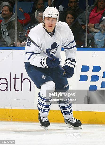 Luke Schenn of the Toronto Maple Leafs skates against the New York Islanders on March 14, 2010 at Nassau Coliseum in Uniondale, New York. Islanders...