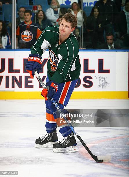 Josh Bailey of the New York Islanders warms up in the St. Patrick's Day jersey prior to the game against the Toronto Maple Leafs on March 14, 2010 at...