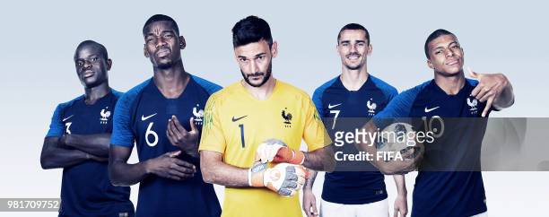 In this composite image, N'Golo Kante, Paul Pogba,Hugo Lloris,Antoine Griezmann,Kylian Mbappe of France pose for a portrait during the official FIFA...