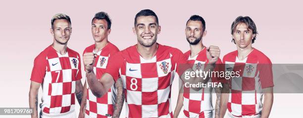 In this composite image, Ivan Rakitic,Mario Mandzukic,Mateo Kovacic ,Marcelo Brozovic,Luka Modric of Croatia poses during the official FIFA World Cup...