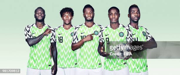 In this composite image, Victor Moses,Alex Iwobi,Mikel John Obi,Odion Ighalo,Kelechi Iheanacho of Nigeria pose for a portrait during the official...