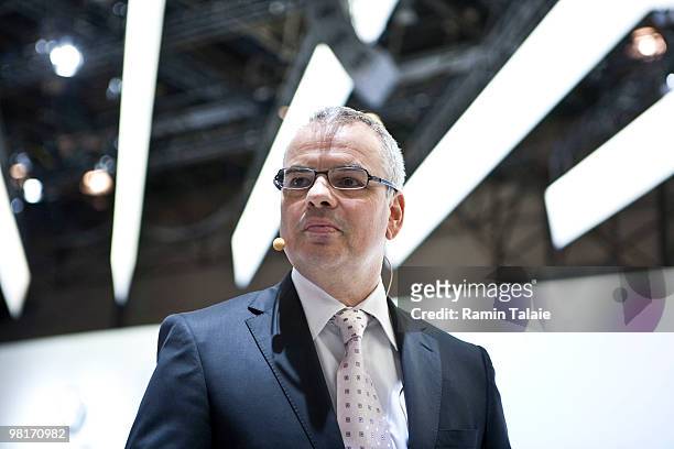 President and CEO of Volkswagen Group of America Stefan Jacoby, speaks during the New York Auto International Show March 31, 2010 in New York City....
