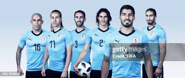 In this composite image, Maximiliano Pereira,Diego Laxalt,Diego Godin,Edinson Cavani , Luis Suarez,Martin Caceres of Uruguay poses for a portrait...