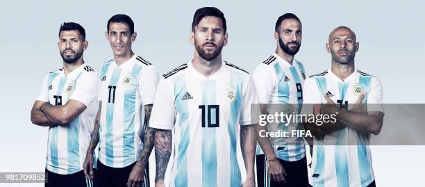 In this composite Argentina players Sergio Aguero,Angel Di Maria,Lionel Messi,Gonzalo Higuain,Javier Mascherano pose for a portrait during the...