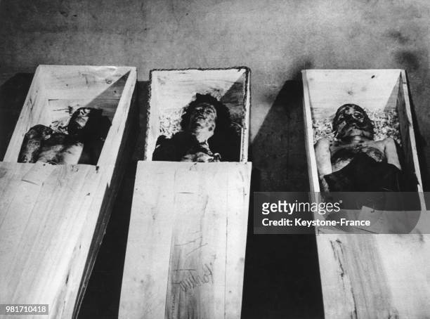 Après la pendaison, les corps de Benito Mussolini et de sa maîtresse Clara Petacci sont placés dans des cercueils devant lesquels les italiens...