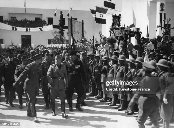 Benito Mussolini visite le centre agricole Luigi Razza lors de son voyage en Libye, alors colonie italienne, le 16 mars 1937.