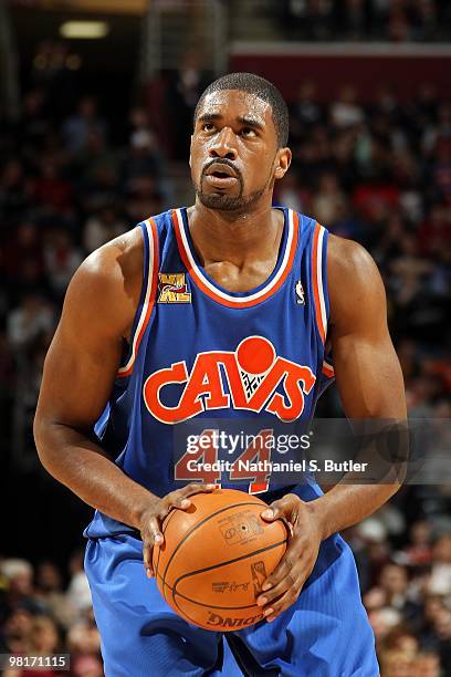 Leon Powe of the Cleveland Cavaliers shoots a free throw against the Boston Celtics during the game on March 14, 2010 at Quicken Loans Arena in...