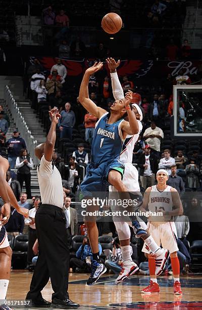 Ryan Hollins of the Minnesota Timberwolves and Josh Smith of the Atlanta Hawks go after a jump ball during the game on February 24, 2010 at Philips...
