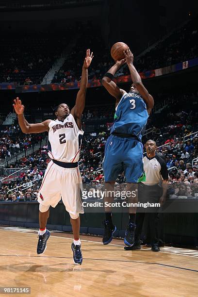 Damien Wilkins of the Minnesota Timberwolves takes a jump shot against Joe Johnson of the Atlanta Hawks during the game on February 24, 2010 at...