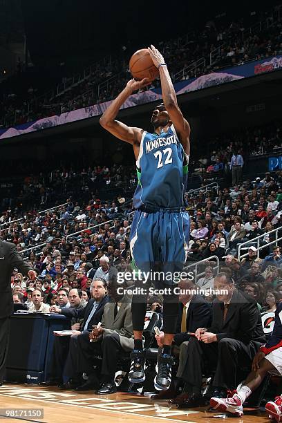 Corey Brewer of the Minnesota Timberwolves takes a jump shot against the Atlanta Hawks during the game on February 24, 2010 at Philips Arena in...