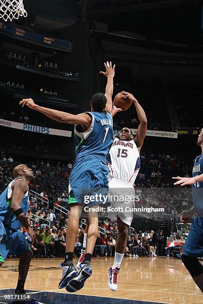 Al Horford of the Atlanta Hawks takes a jump shot against Ryan Hollins of the Minnesota Timberwolves during the game on February 24, 2010 at Philips...