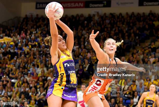 Kelsey Browne of the Lightning in action during the round eight Super Netball match between the Lightning and the Giants at University of the...
