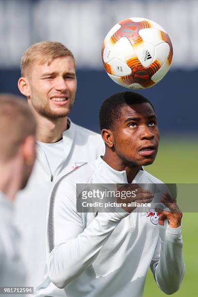April 2018, Germany, Leipzig: RB Leipzig's Ademola Lookman in action at their final training session before RB Leipzig plays Olympique Marseille in a...