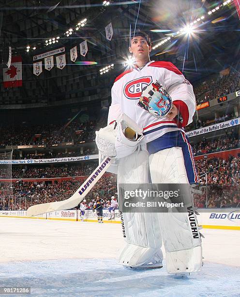 Carey Price of the Montreal Canadiens enters the goal crease against the Buffalo Sabres on March 24, 2010 at HSBC Arena in Buffalo, New York.