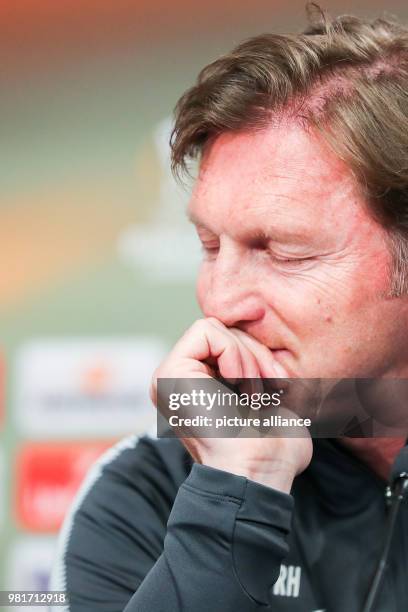 April 2018, Germany, Leipzig: Coach Ralph Hasenhuettl takes part in a press conference of his team RB Leipzig. Leipzig will face off against...