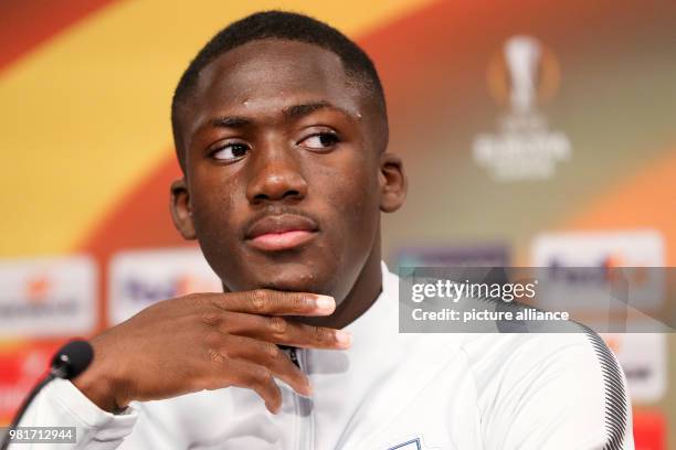 April 2018, Germany, Leipzig: Ibrahima Konate takes part in a press conference of his team RB Leipzig. Leipzig will face off against Olympique...