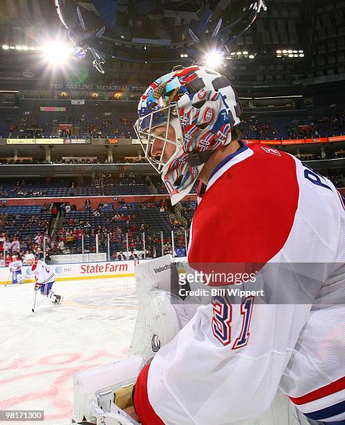 Carey Price of the Montreal Canadiens warms up to play against the Buffalo Sabres on March 24, 2010 at HSBC Arena in Buffalo, New York.