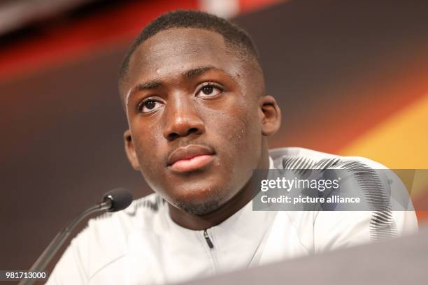 April 2018, Germany, Leipzig: Ibrahima Konate takes part in a press conference of his team RB Leipzig. Leipzig will face off against Olympique...