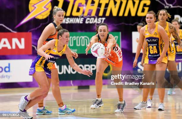 Susan Pettitt of the Giants challenges for the ball during the round eight Super Netball match between the Lightning and the Giants at University of...